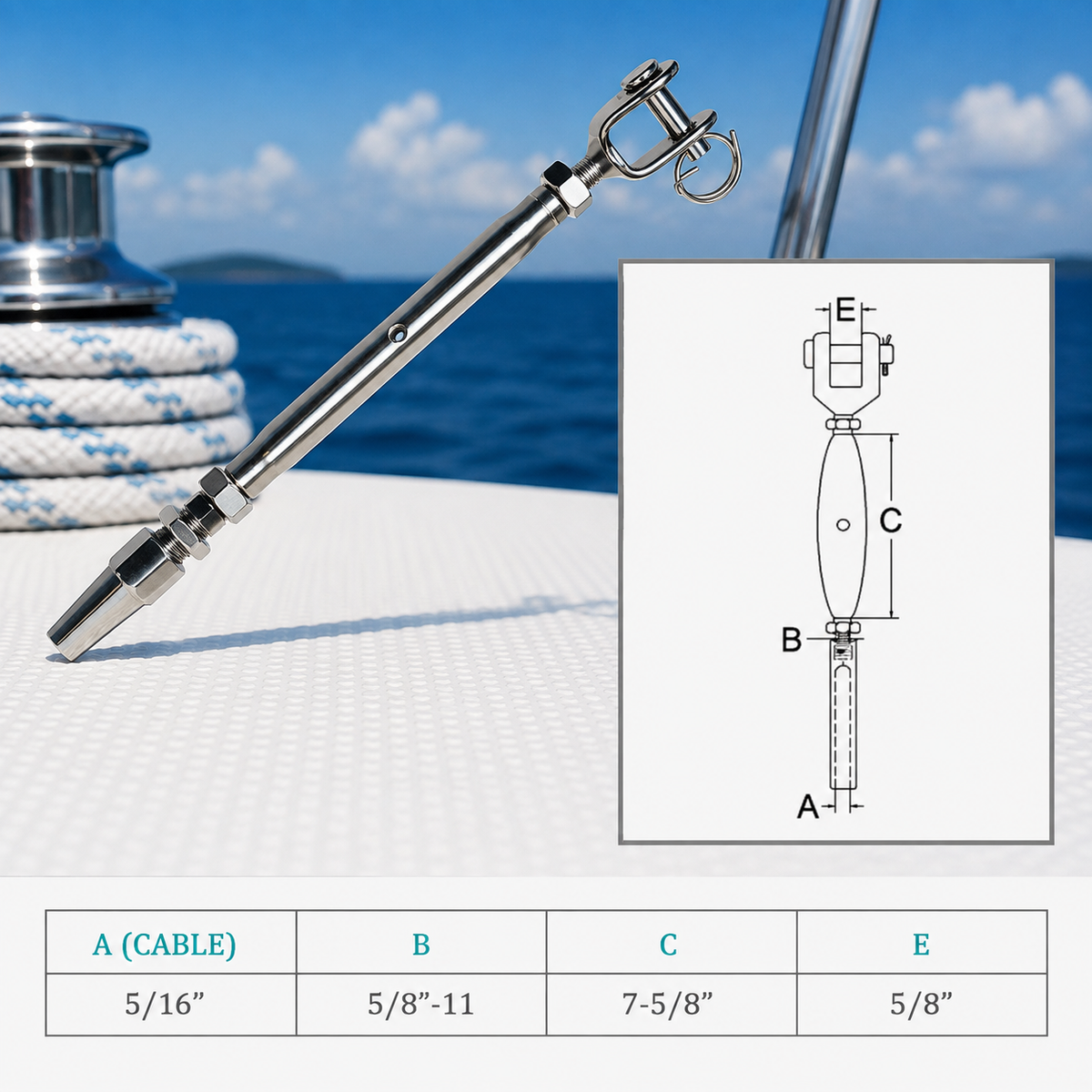 4 Pc Set Stainless Steel T316 Cable Jaw Swageless Pipe Turnbuckle, Wire Rope Railing Tensioner for Marine, Deck, and Outdoor Use