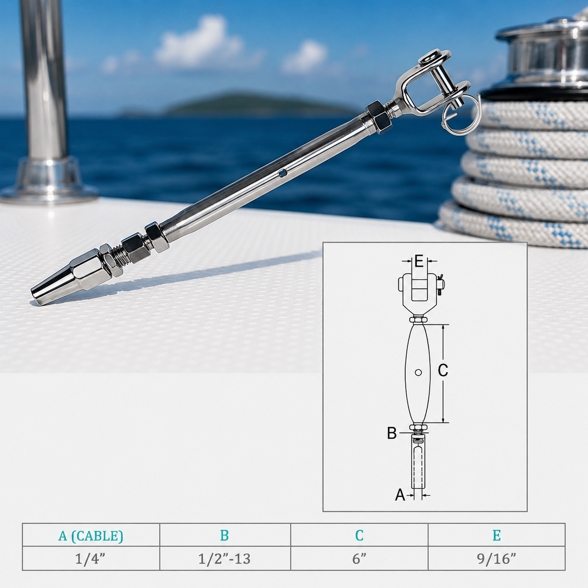 4 Pc Set Stainless Steel T316 Cable Jaw Swageless Pipe Turnbuckle, Wire Rope Railing Tensioner for Marine, Deck, and Outdoor Use