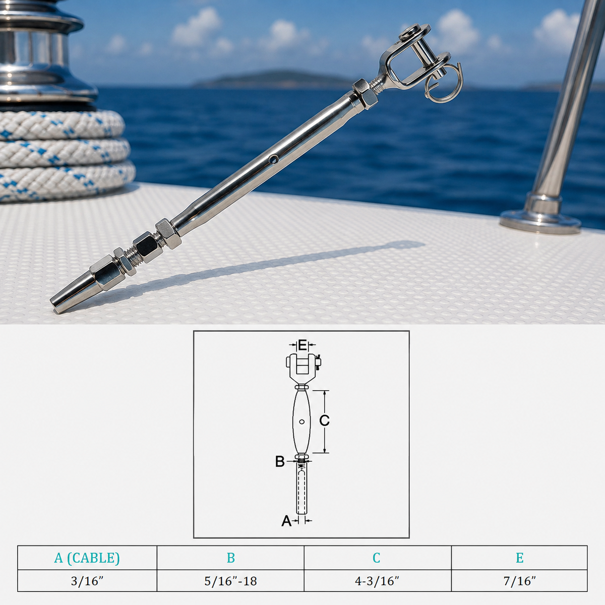4 Pc Set Stainless Steel T316 Cable Jaw Swageless Pipe Turnbuckle, Wire Rope Railing Tensioner for Marine, Deck, and Outdoor Use