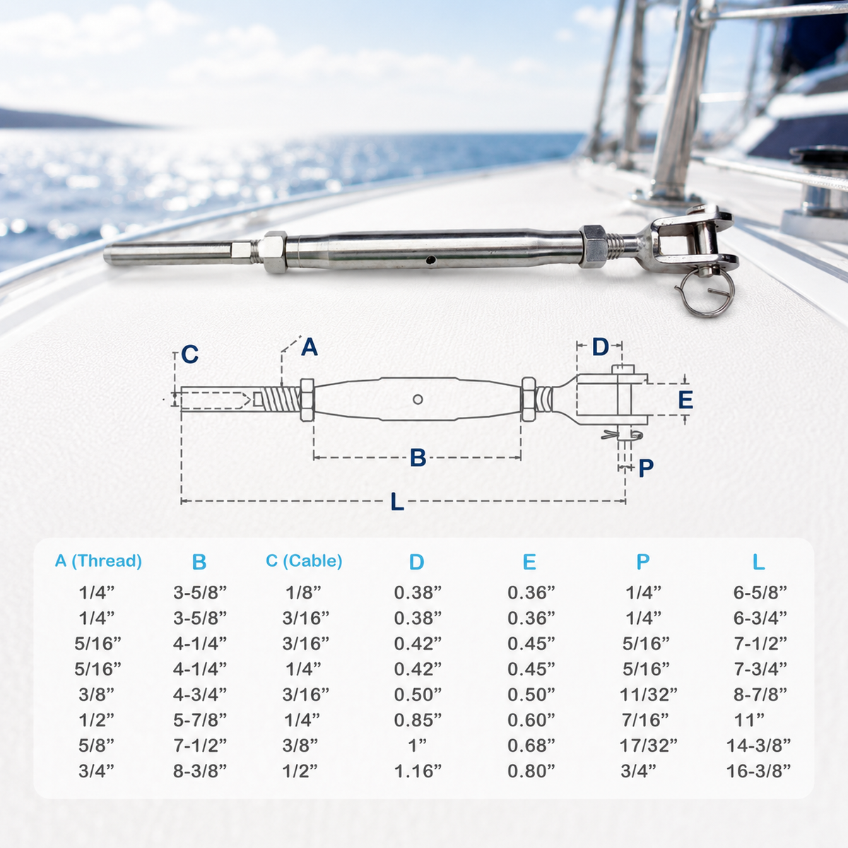 4 Pc Set Marine T316 Stainless Steel Cable Jaw and Swage Stud Turnbuckle, Threaded Wire Rope Tensioner for Boat, Dock, Deck, and Railing