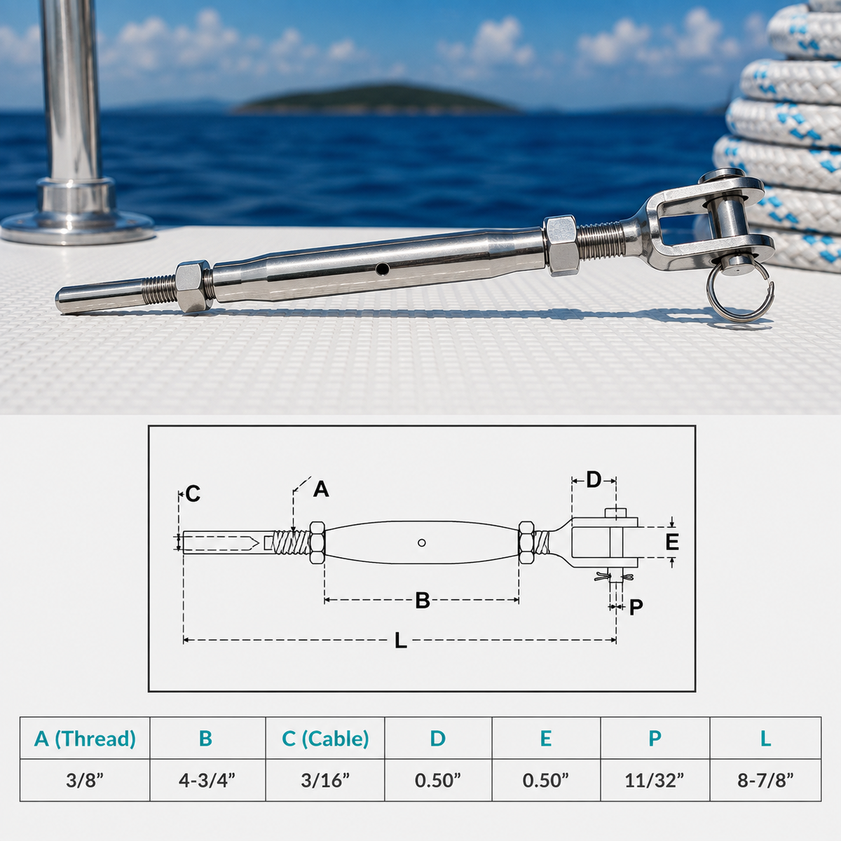 4 Pc Set Marine T316 Stainless Steel Cable Jaw and Swage Stud Turnbuckle, Threaded Wire Rope Tensioner for Boat, Dock, Deck, and Railing