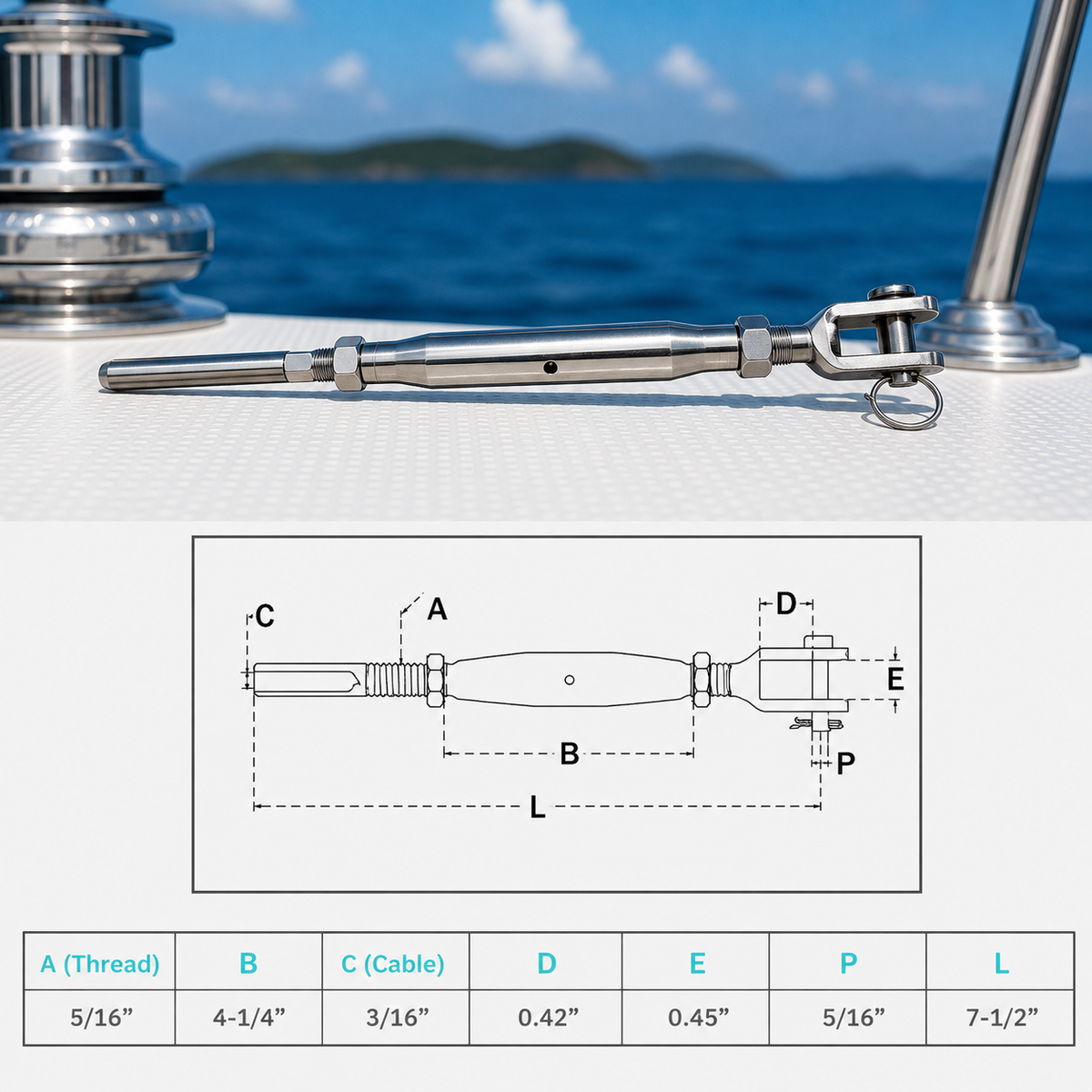 4 Pc Set Marine T316 Stainless Steel Cable Jaw and Swage Stud Turnbuckle, Threaded Wire Rope Tensioner for Boat, Dock, Deck, and Railing