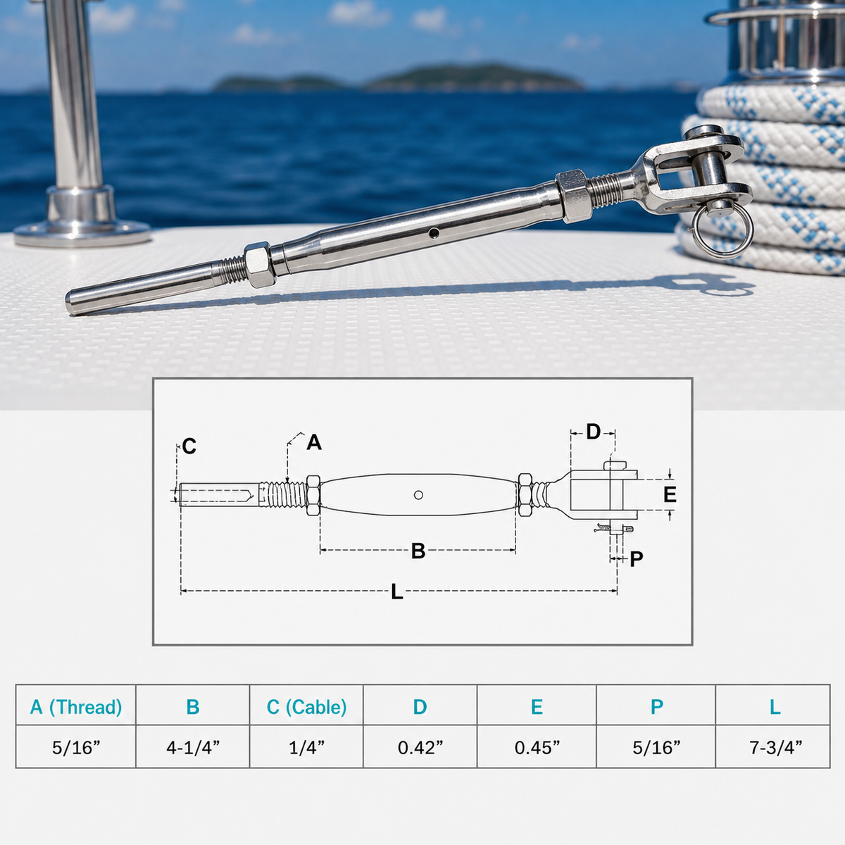 4 Pc Set Marine T316 Stainless Steel Cable Jaw and Swage Stud Turnbuckle, Threaded Wire Rope Tensioner for Boat, Dock, Deck, and Railing