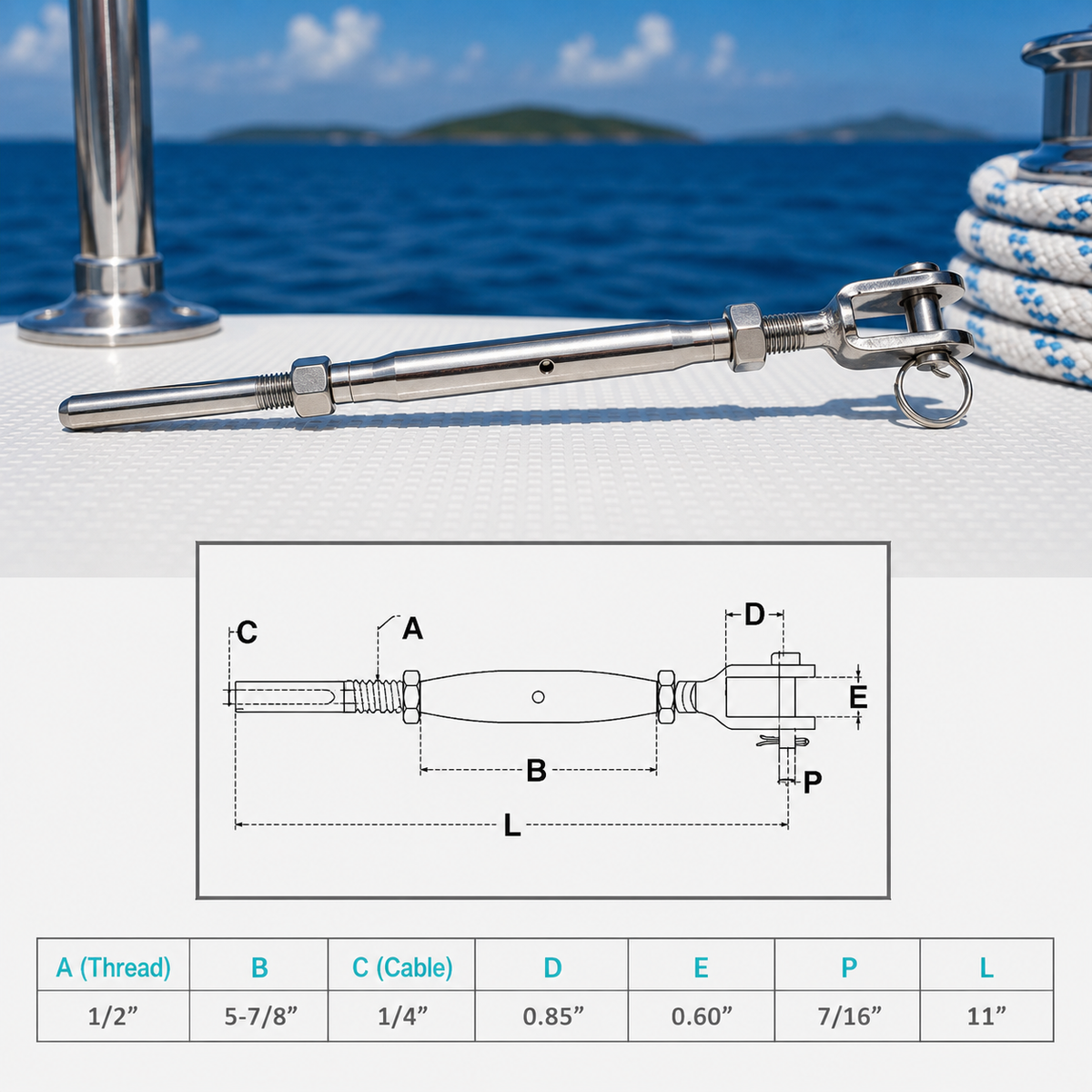 4 Pc Set Marine T316 Stainless Steel Cable Jaw and Swage Stud Turnbuckle, Threaded Wire Rope Tensioner for Boat, Dock, Deck, and Railing