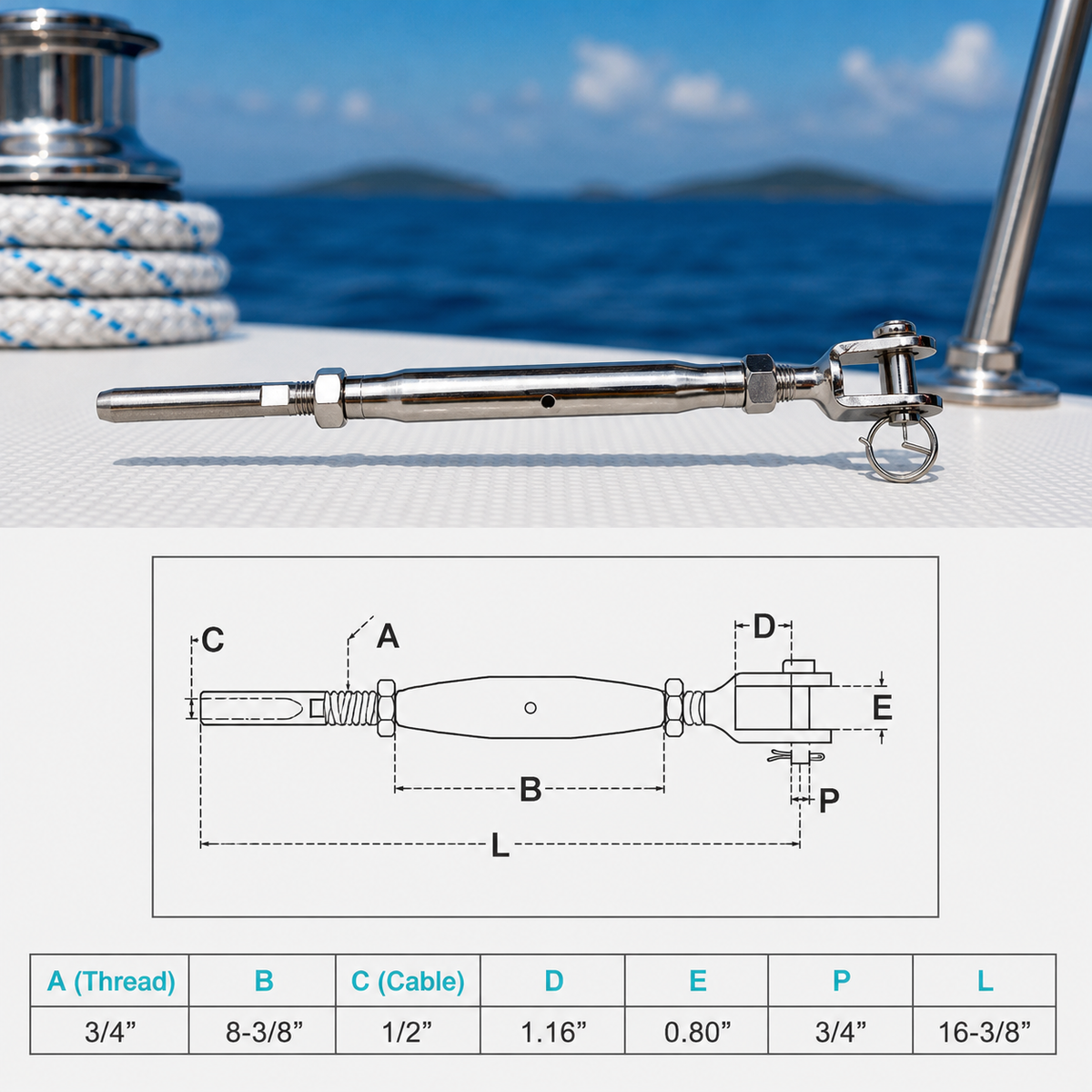 4 Pc Set Marine T316 Stainless Steel Cable Jaw and Swage Stud Turnbuckle, Threaded Wire Rope Tensioner for Boat, Dock, Deck, and Railing
