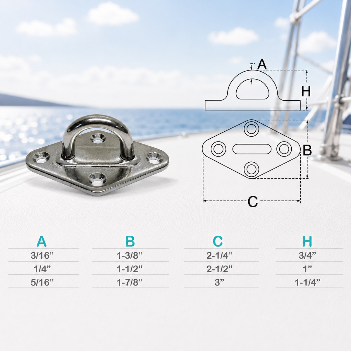4 Pc Set Marine Light Duty T304 Stainless Steel Diamond Pad Eye, Welded Eye Pad Lift for Boat, Dock, Deck, and Outdoor Hardware