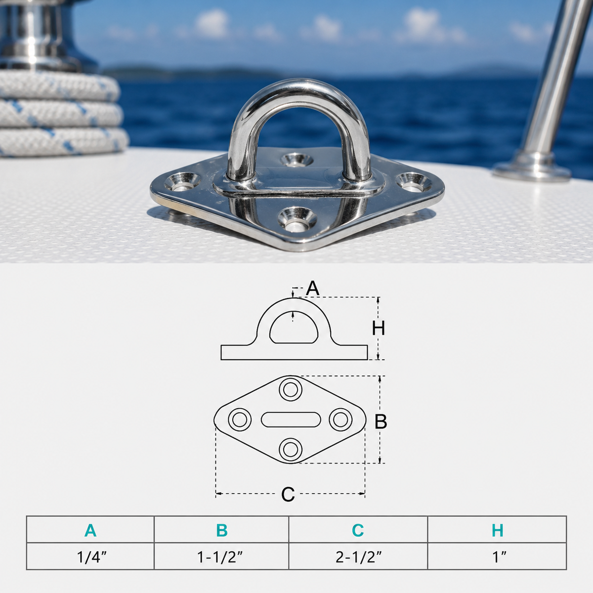 4 Pc Set Marine Light Duty T304 Stainless Steel Diamond Pad Eye, Welded Eye Pad Lift for Boat, Dock, Deck, and Outdoor Hardware