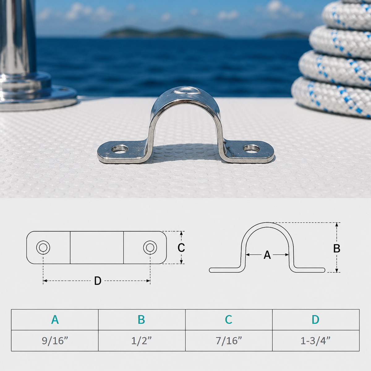 4 Pc Set Stainless Steel T316 Eye Strap with 2 Holes, Marine Hardware for Lifting, Rigging, Rope, Cable