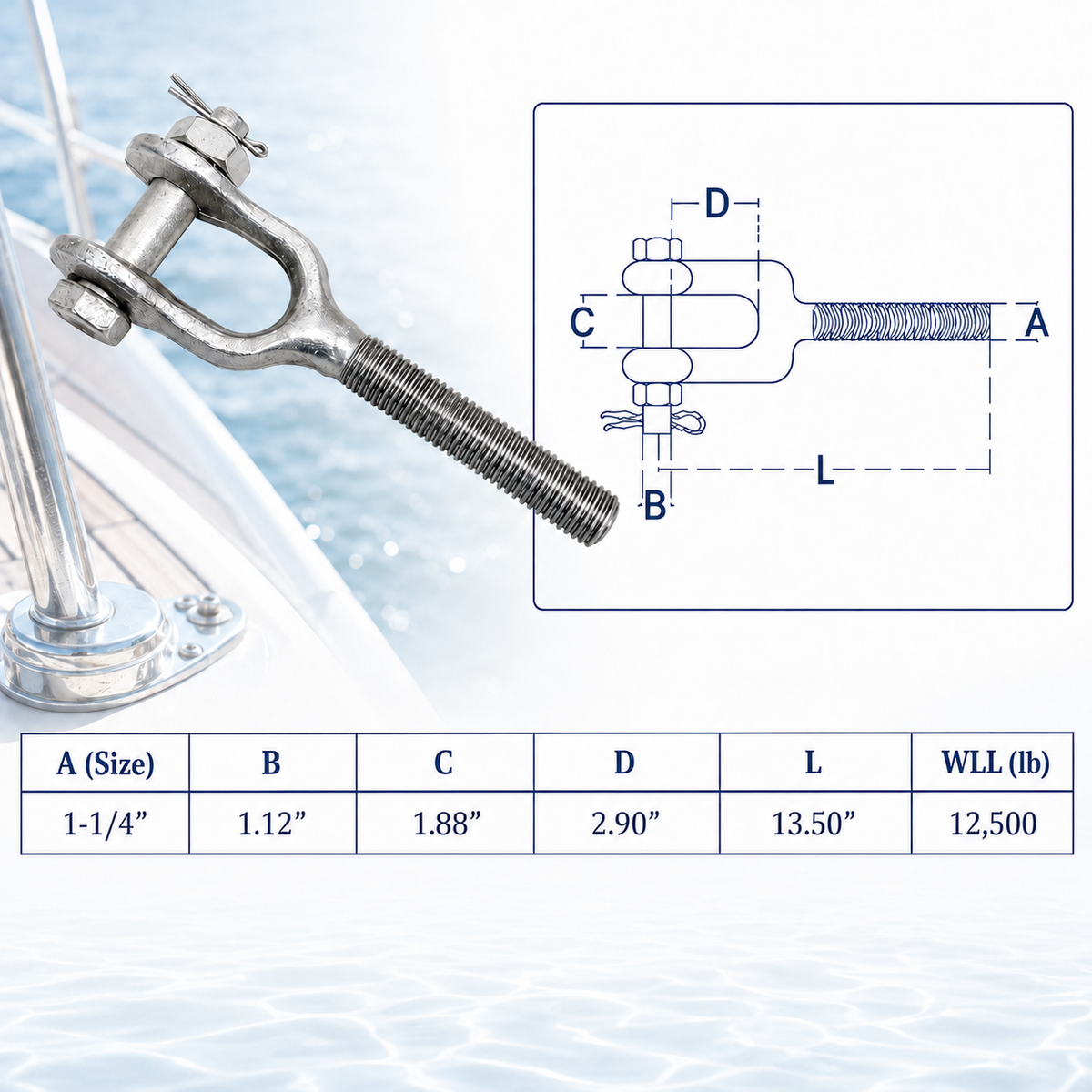4 Pc Set T316 Stainless Steel Drop Forged Turnbuckle Jaw Right Hand Thread, Marine Rigging Jaw End Fitting for Cable Wire Rope