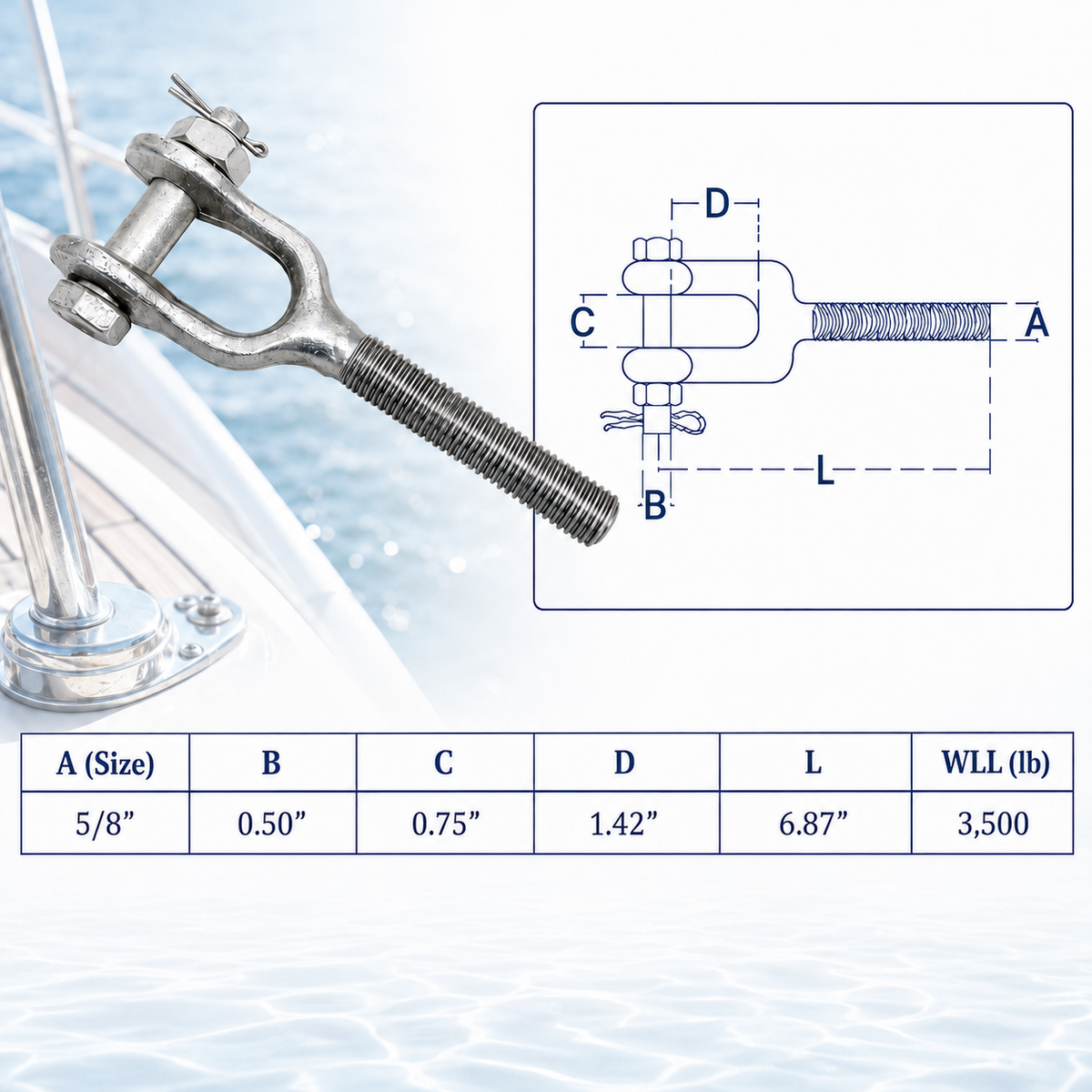 4 Pc Set T316 Stainless Steel Drop Forged Turnbuckle Jaw Right Hand Thread, Marine Rigging Jaw End Fitting for Cable Wire Rope