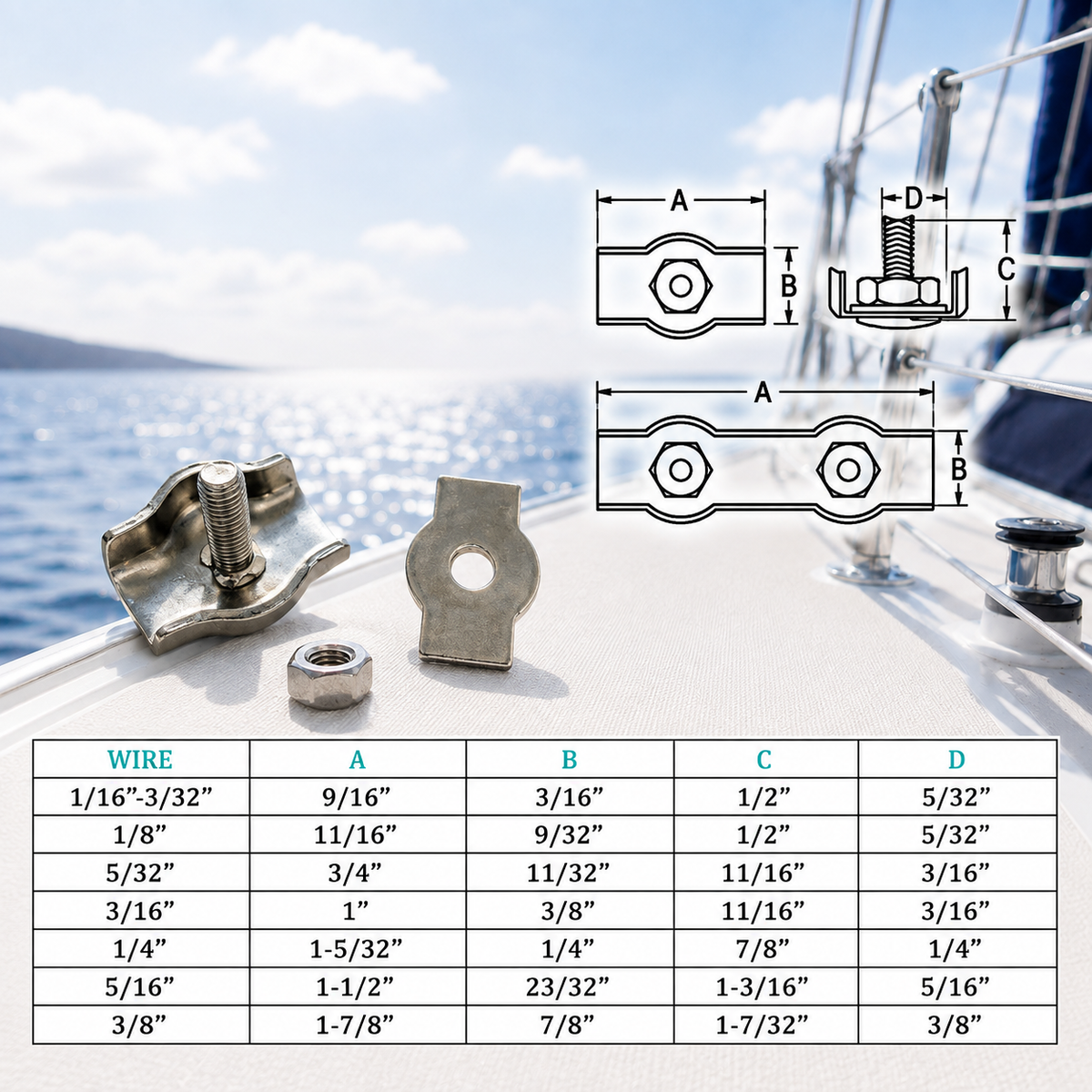 4 Pc Set T304 Stainless Steel Single Simplex Clip, Bolt Wire Rope Clip for Cable, Rigging, Marine, Outdoor, and Utility Use