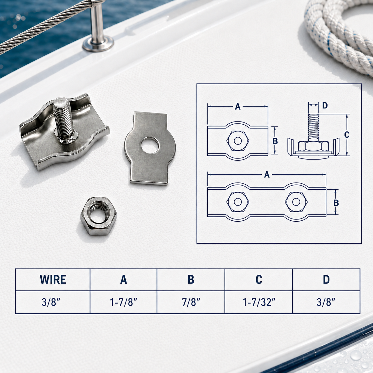 4 Pc Set T304 Stainless Steel Single Simplex Clip, Bolt Wire Rope Clip for Cable, Rigging, Marine, Outdoor, and Utility Use