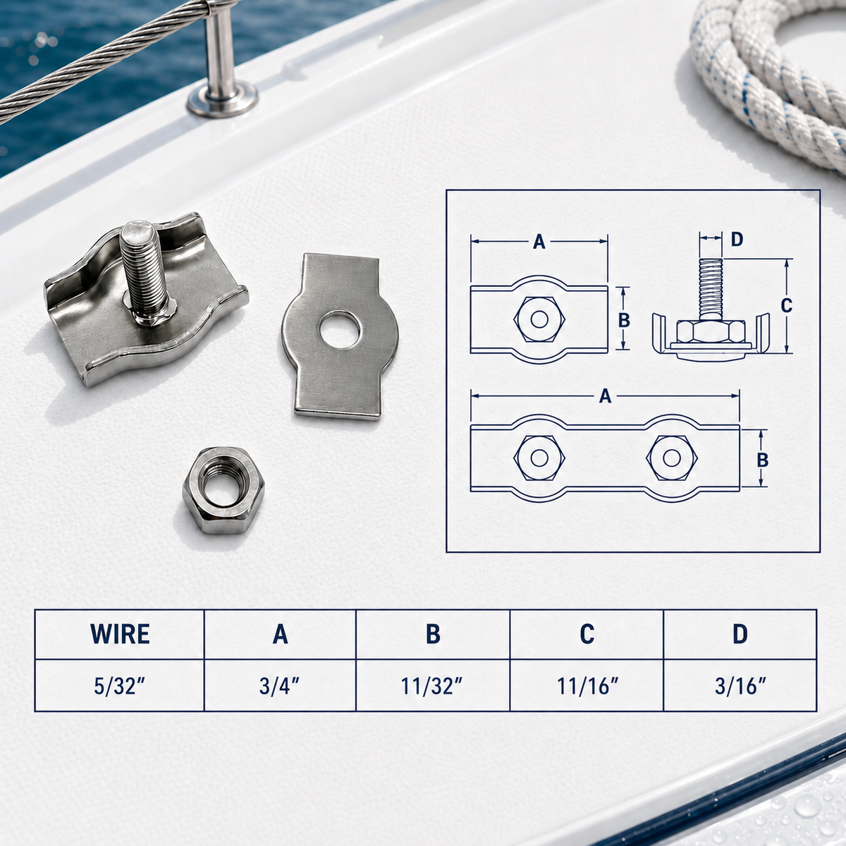 4 Pc Set T304 Stainless Steel Single Simplex Clip, Bolt Wire Rope Clip for Cable, Rigging, Marine, Outdoor, and Utility Use