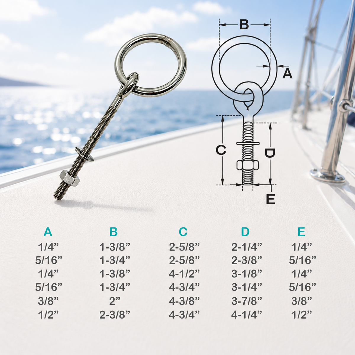 4 Pc Set Marine T304 Stainless Steel Ring Eye Bolt Shoulder Bolt, Lifting Eye Fastener for Boat, Dock, Deck, and Outdoor Hardware