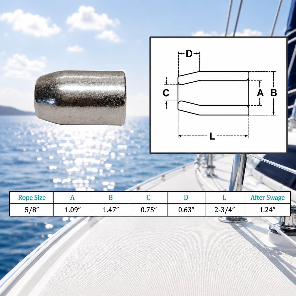 4 Pc Set Marine T316 Stainless Steel Flemish Sleeve, Wire Rope Cable Swage Sleeve for Rigging, Lifting, Dock, and Deck Use