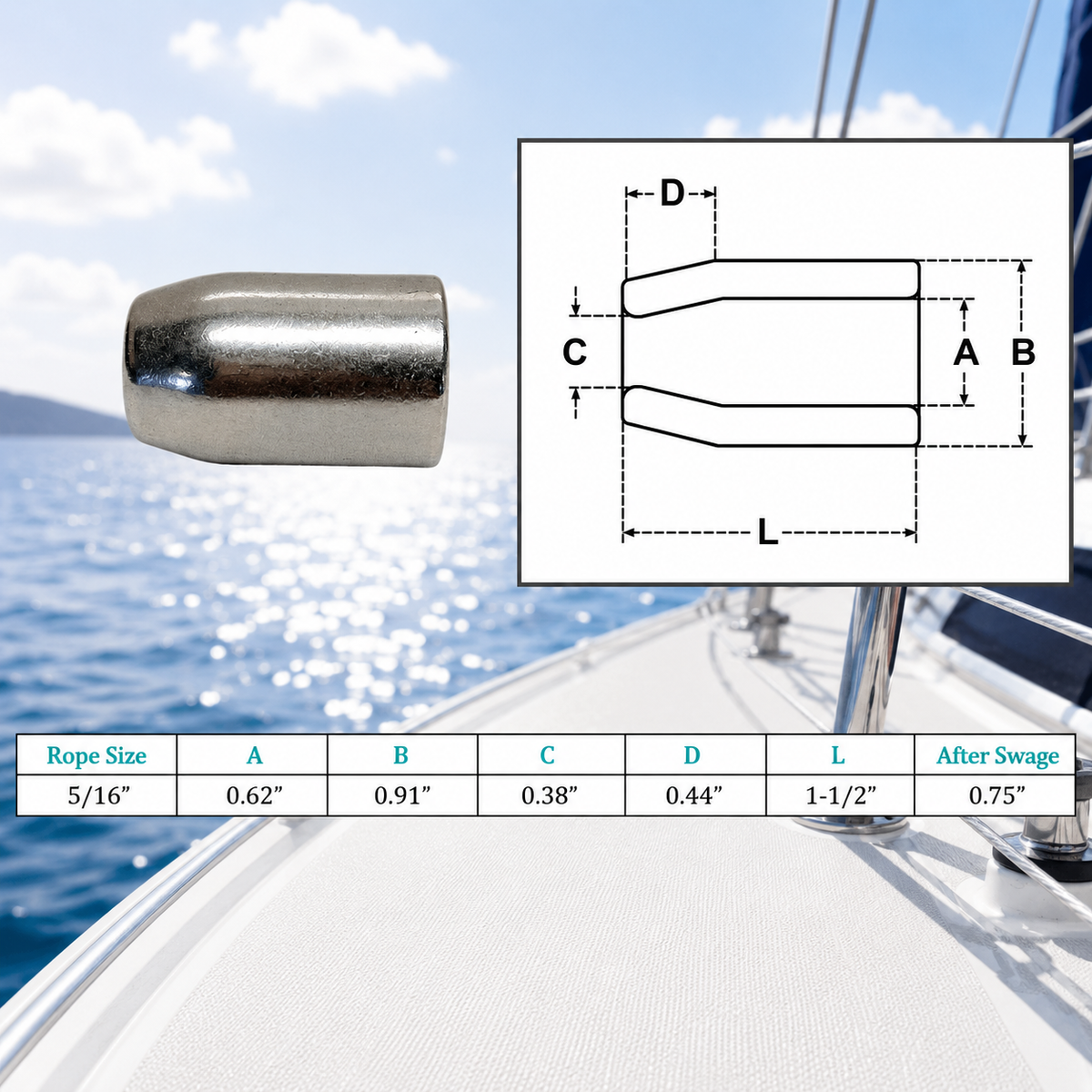 4 Pc Set Marine T316 Stainless Steel Flemish Sleeve, Wire Rope Cable Swage Sleeve for Rigging, Lifting, Dock, and Deck Use