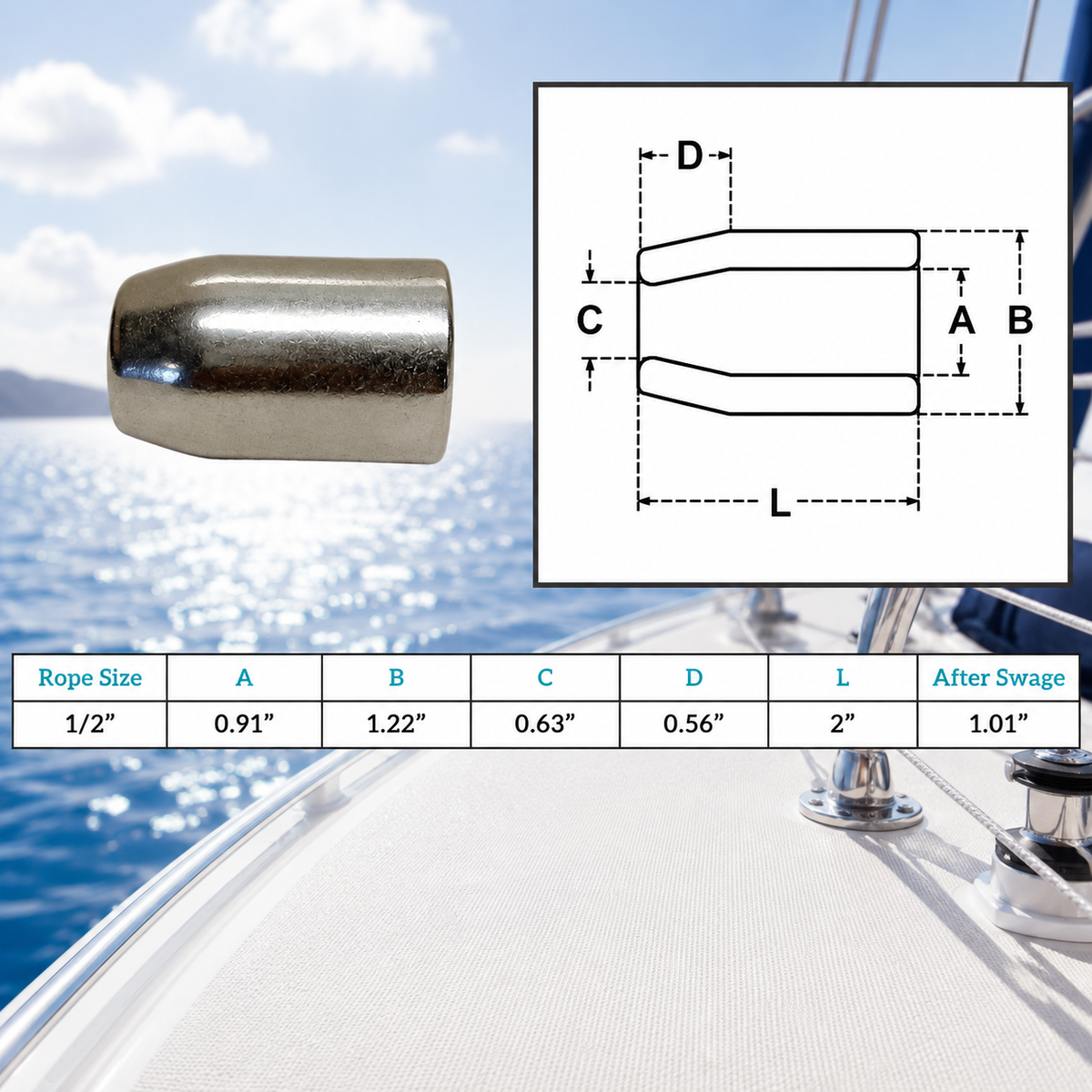 4 Pc Set Marine T316 Stainless Steel Flemish Sleeve, Wire Rope Cable Swage Sleeve for Rigging, Lifting, Dock, and Deck Use