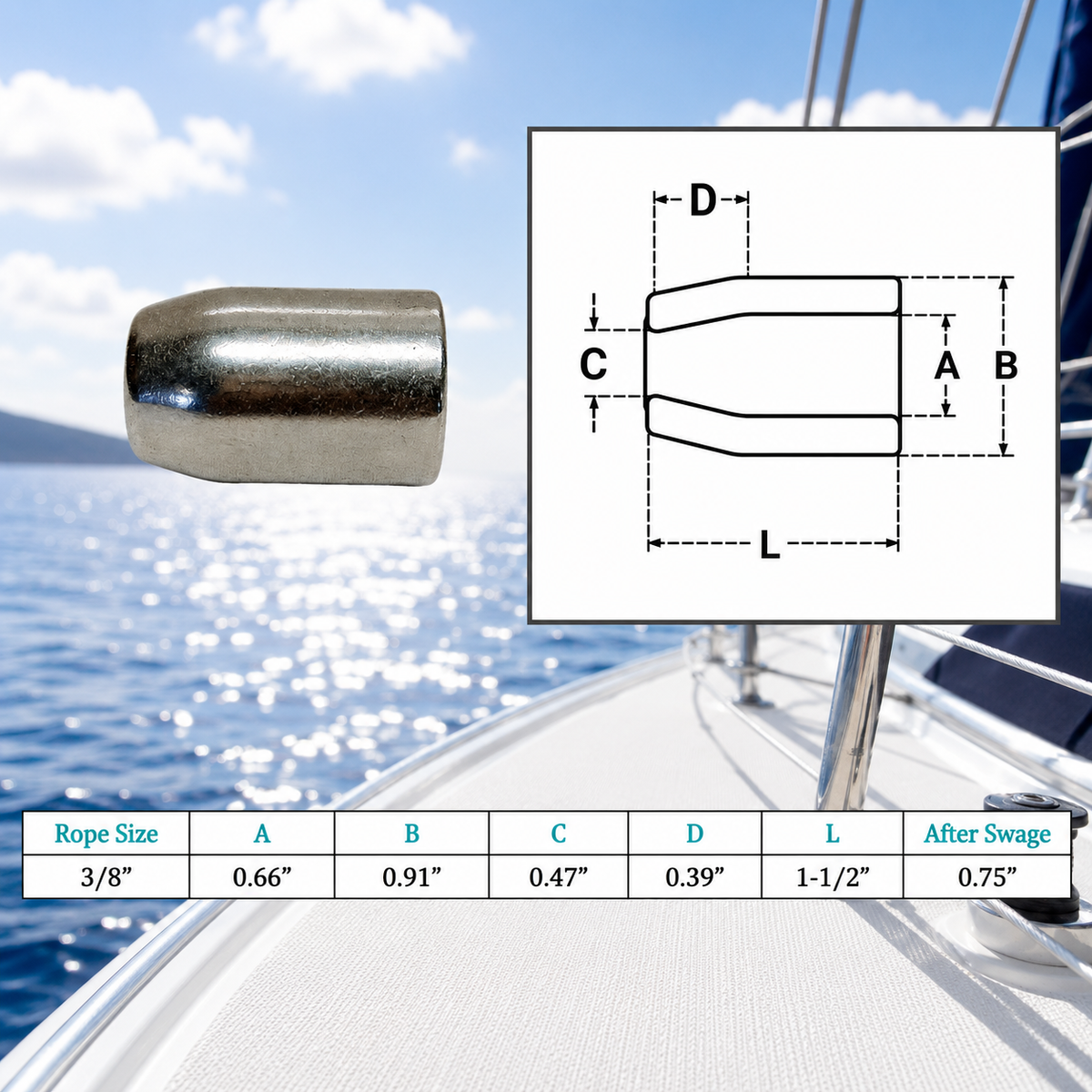 4 Pc Set Marine T316 Stainless Steel Flemish Sleeve, Wire Rope Cable Swage Sleeve for Rigging, Lifting, Dock, and Deck Use