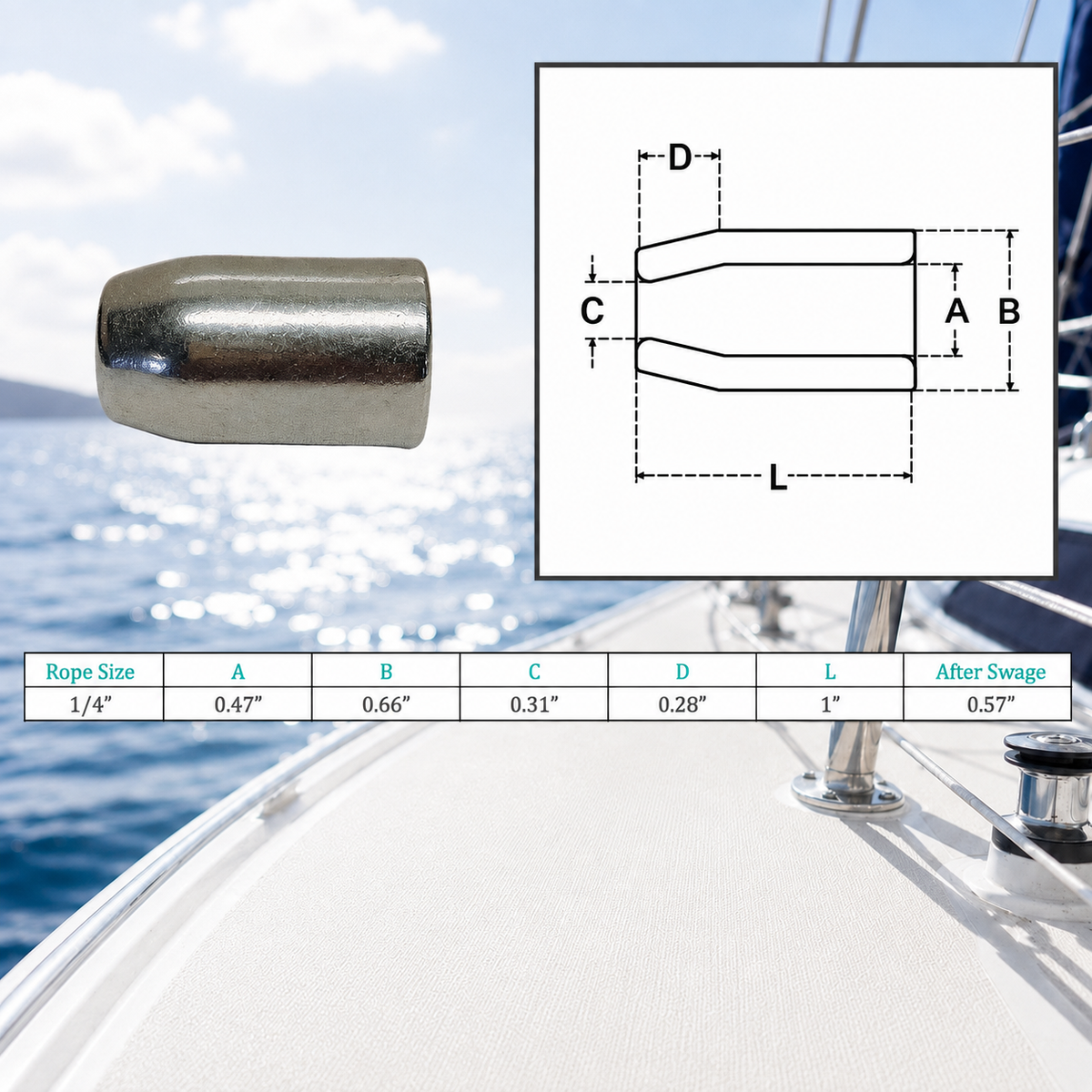 4 Pc Set Marine T316 Stainless Steel Flemish Sleeve, Wire Rope Cable Swage Sleeve for Rigging, Lifting, Dock, and Deck Use