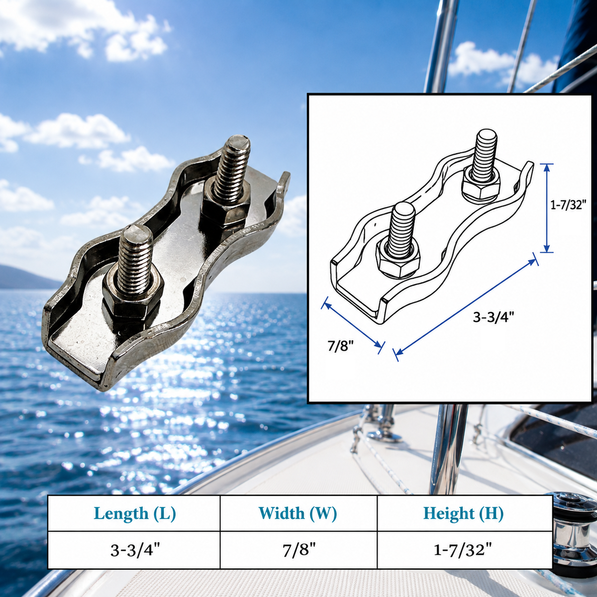 4 Pc Set T304 Stainless Steel Duplex Wire Rope Cable Clamp, Double Bolt Wire Cable Clamp for Rigging, Marine, Outdoor, and Utility Use