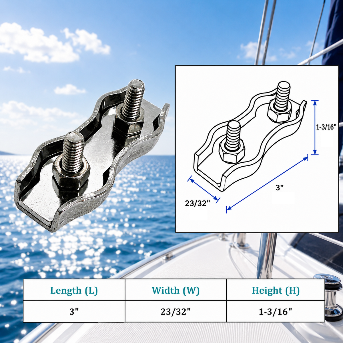 4 Pc Set T304 Stainless Steel Duplex Wire Rope Cable Clamp, Double Bolt Wire Cable Clamp for Rigging, Marine, Outdoor, and Utility Use