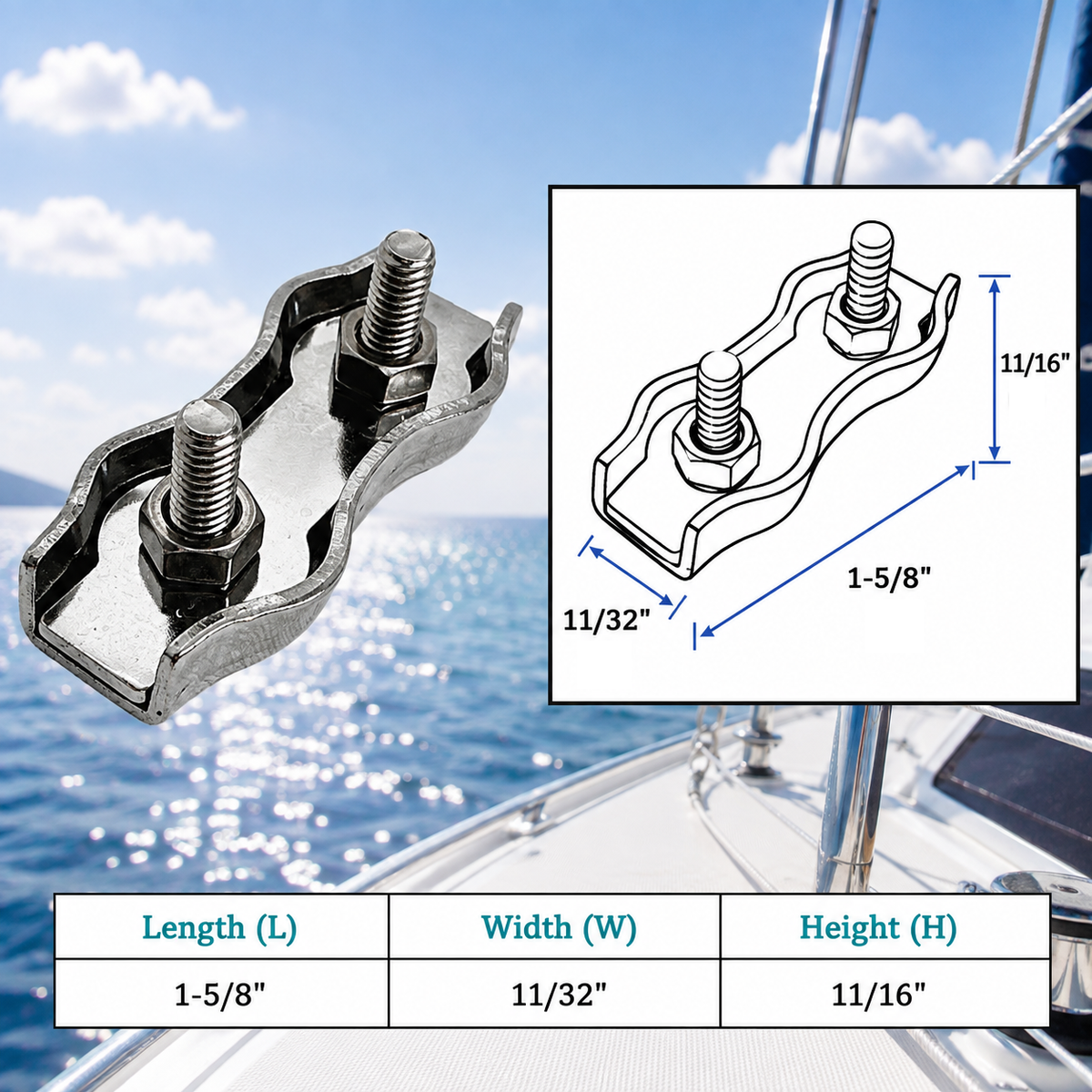 4 Pc Set T304 Stainless Steel Duplex Wire Rope Cable Clamp, Double Bolt Wire Cable Clamp for Rigging, Marine, Outdoor, and Utility Use
