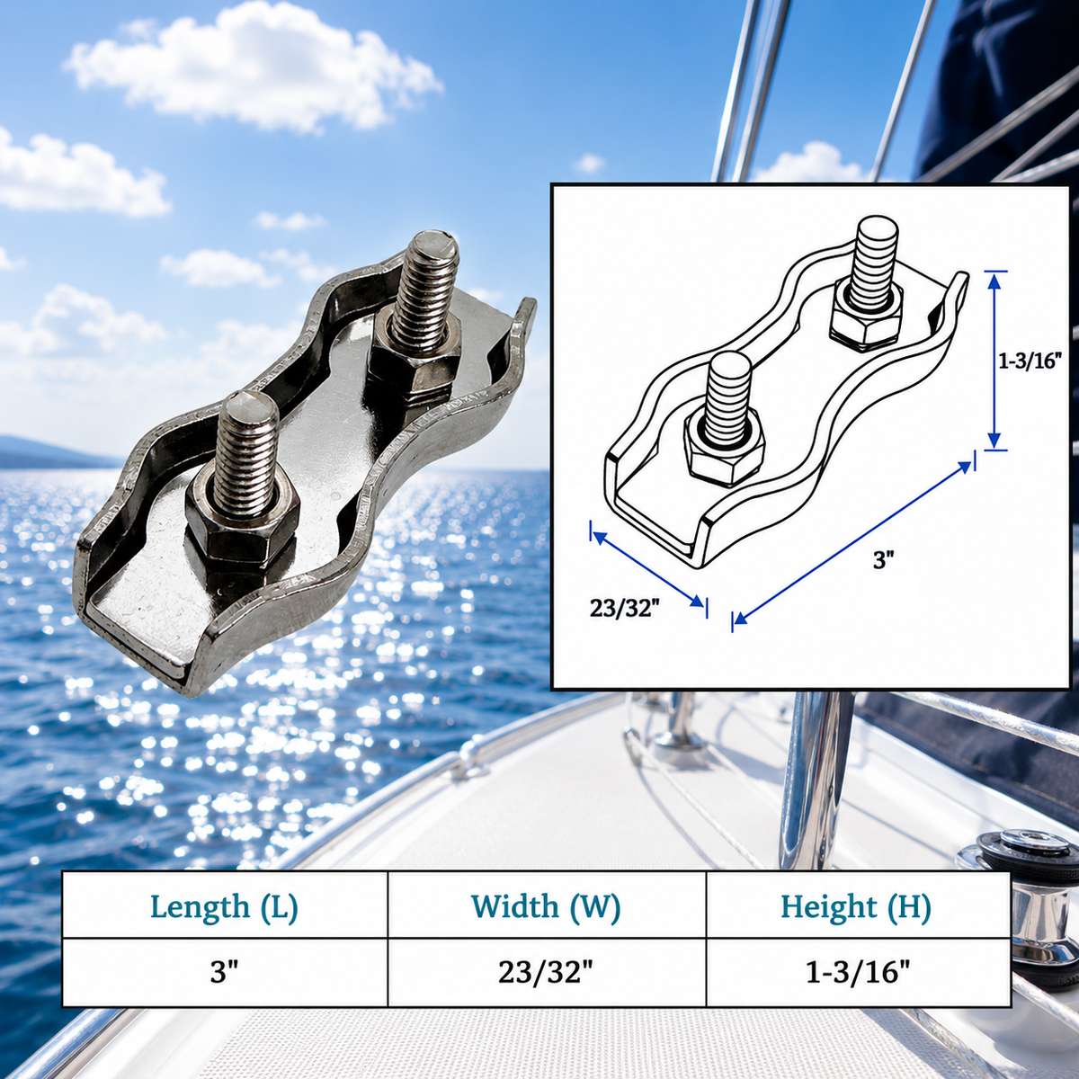 4 Pc Set T304 Stainless Steel Duplex Wire Rope Cable Clamp, Double Bolt Wire Cable Clamp for Rigging, Marine, Outdoor, and Utility Use