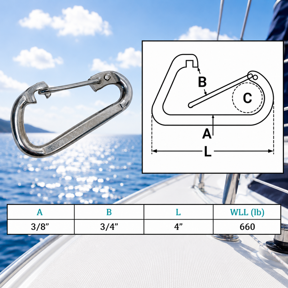4 Pc Set Marine T316 Stainless Steel Spring Clip, Rigging Lift Link Connector for Chain, Rope, Cable, and Outdoor Hardware