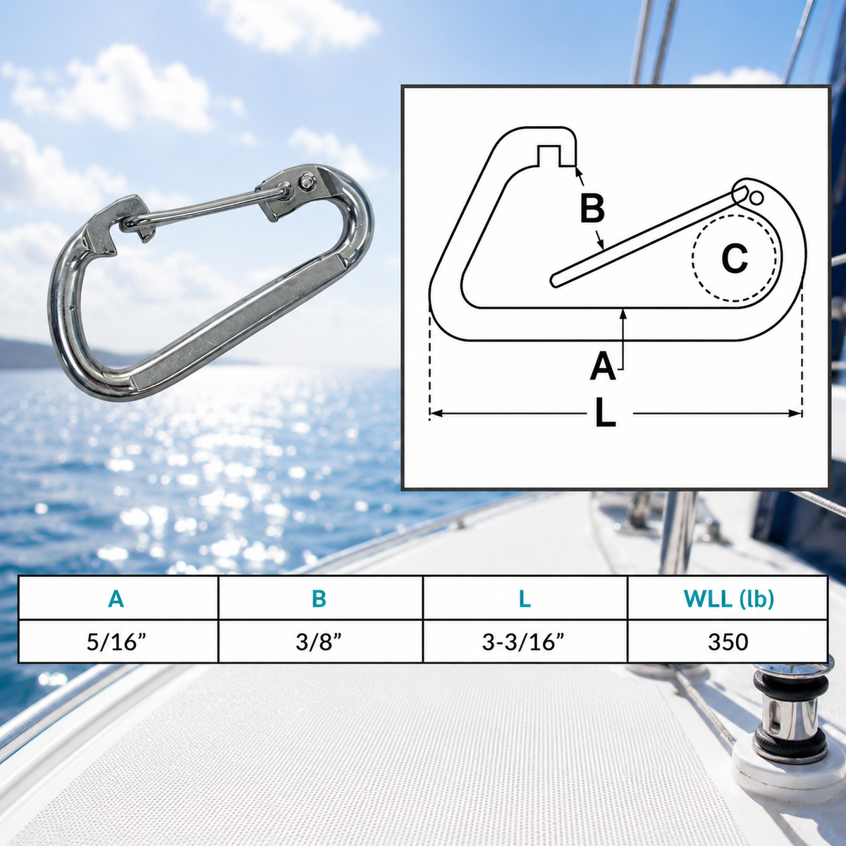 4 Pc Set Marine T316 Stainless Steel Spring Clip, Rigging Lift Link Connector for Chain, Rope, Cable, and Outdoor Hardware