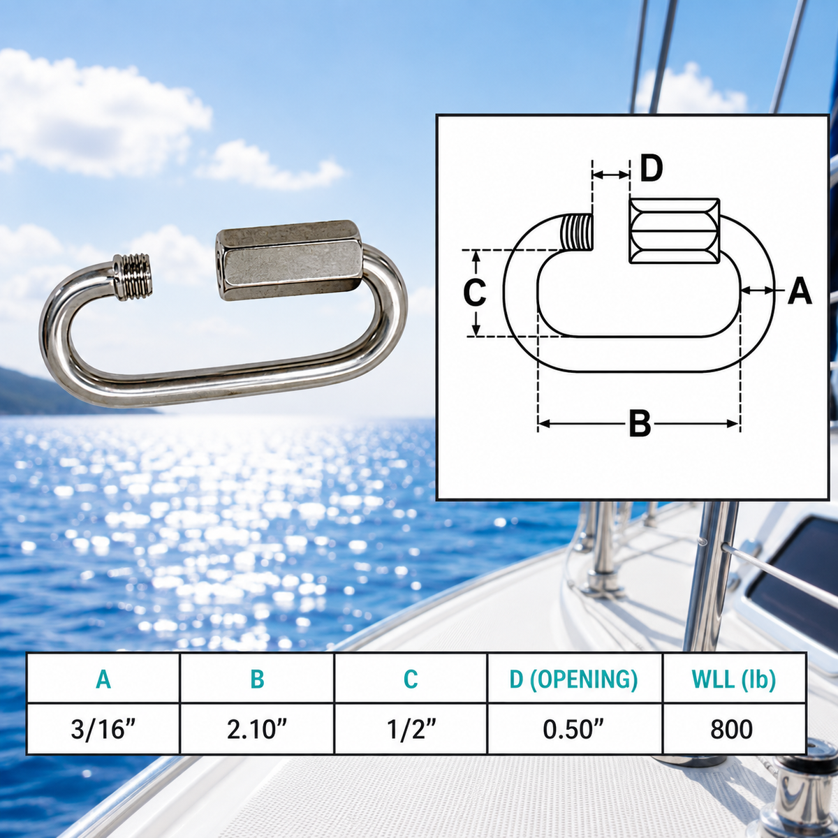 4 Pc Set Marine T316 Stainless Steel Long Quick Link, Connect Link Chain Connector for Rigging, Rope, Cable