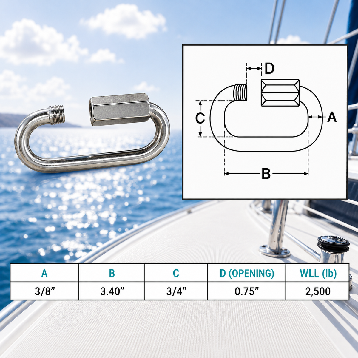 4 Pc Set Marine T316 Stainless Steel Long Quick Link, Connect Link Chain Connector for Rigging, Rope, Cable