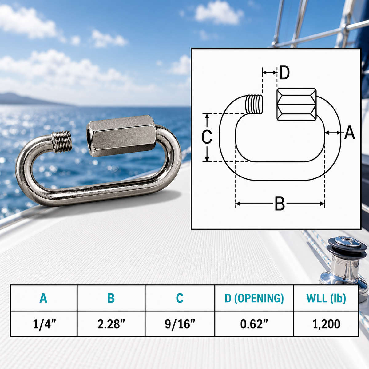 4 Pc Set Marine T316 Stainless Steel Long Quick Link, Connect Link Chain Connector for Rigging, Rope, Cable