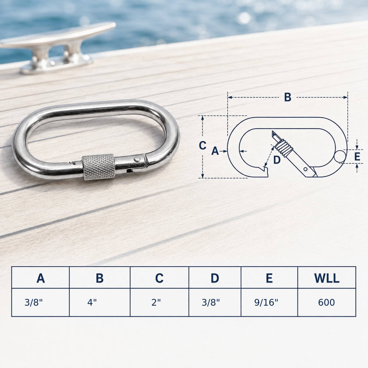 4 Pc Set Marine T316 Stainless Steel Oval Snap Spring Hook with Lock Nut, Safety Snap Hook for Rope, Chain, Cable, and Rigging