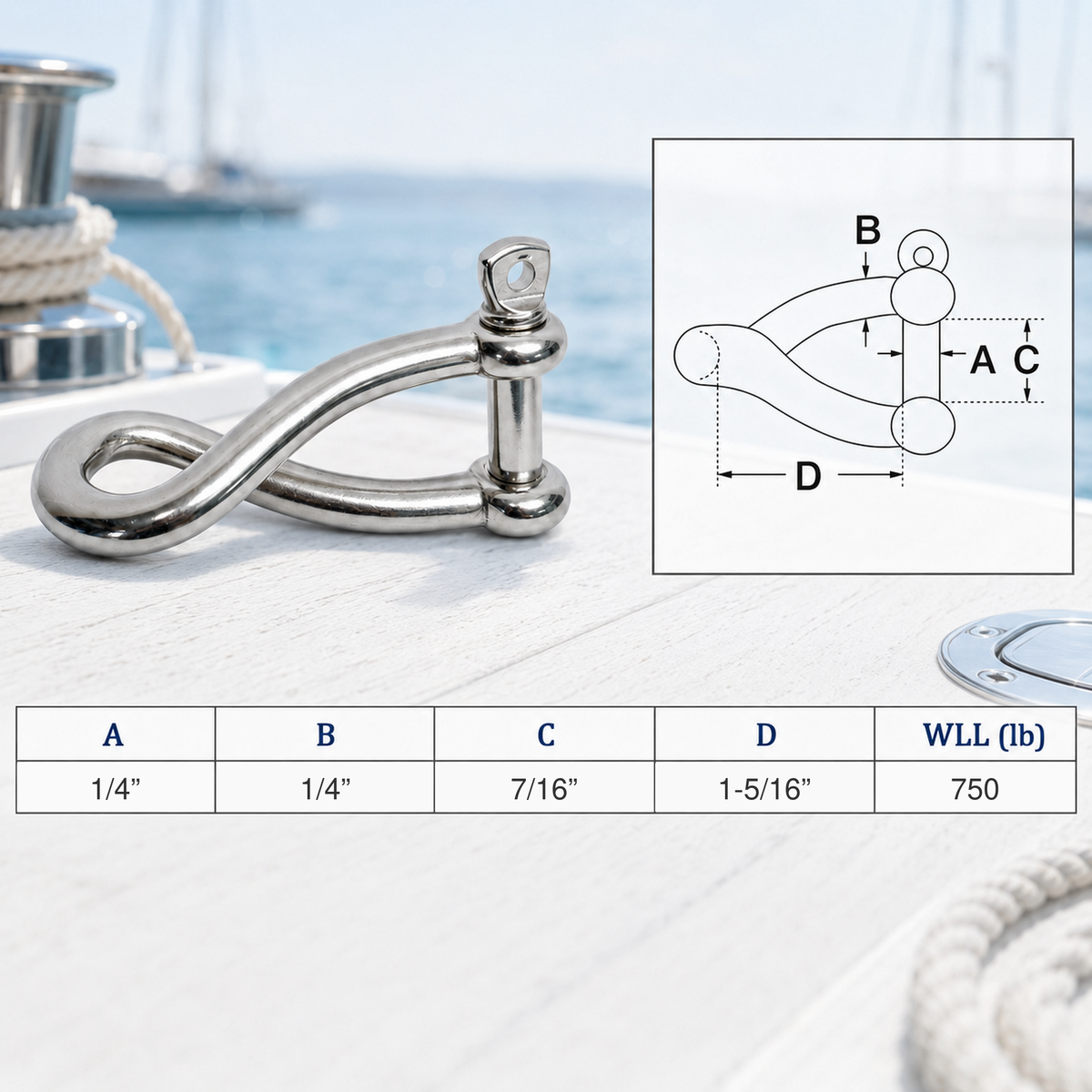 4 Pc Set T316 Stainless Steel Twisted Shackle Screw Pin, Marine Boat Twist Shackle Connector for Rope, Chain, Cable, and Rigging