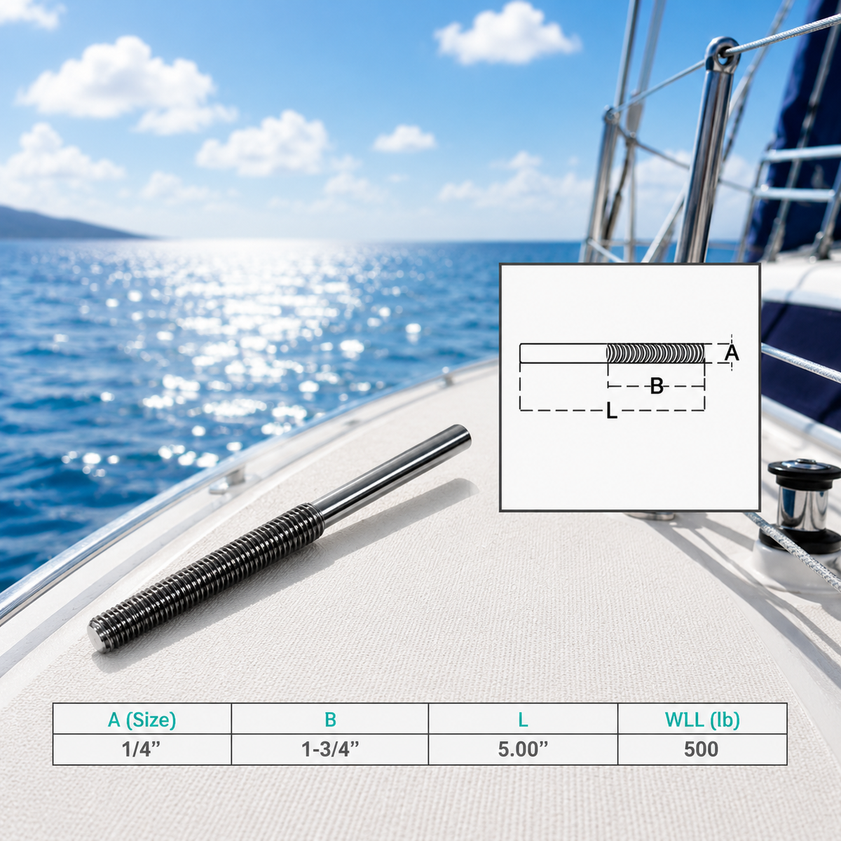 4 Pc Set Marine T316 Forged Stainless Steel Stub End RH Thread Turnbuckle, Right Hand Thread Cable Rigging Tensioner for Boat and Dock