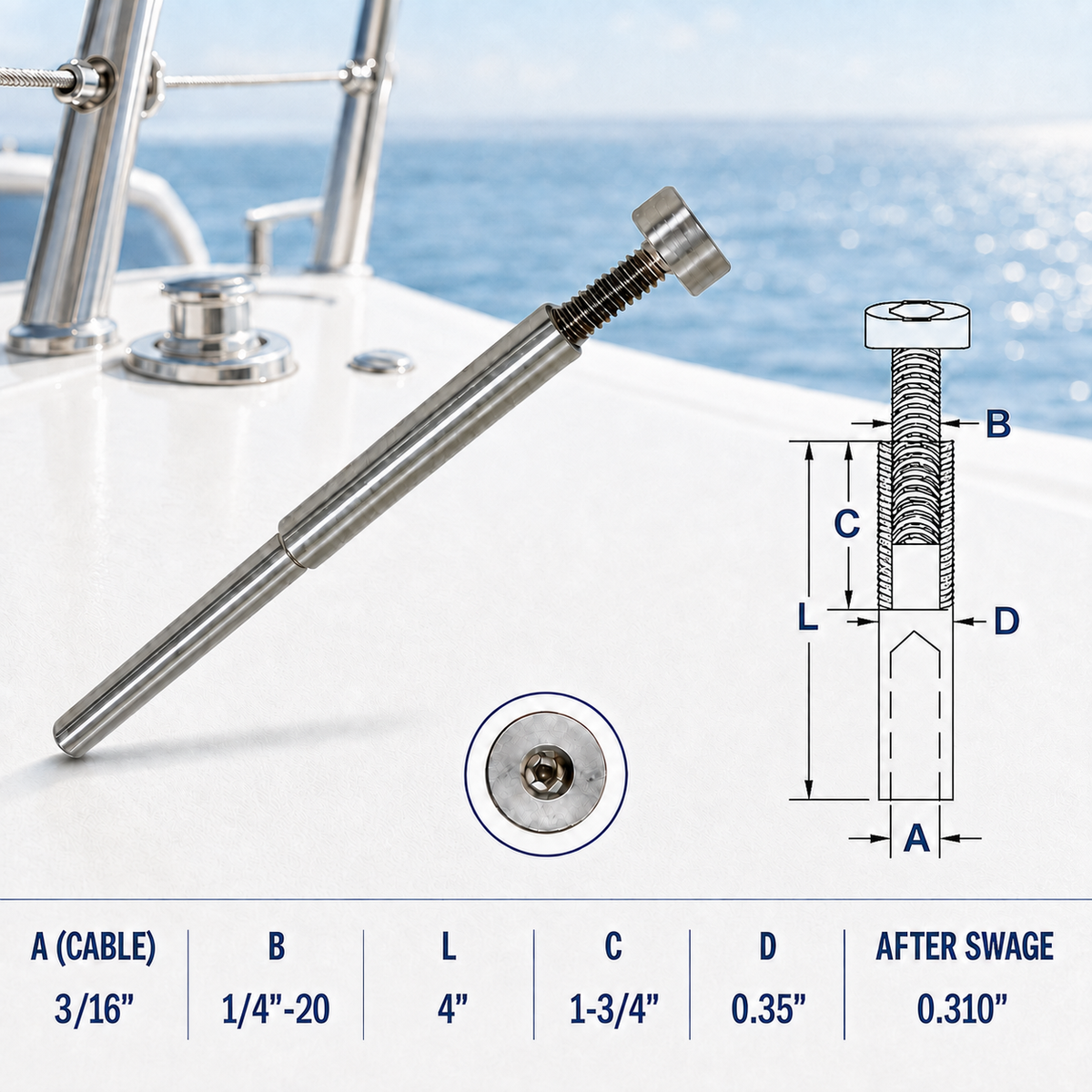 4 Pc Set Marine T316 Stainless Steel Adjustable Swage Stud, Cable Railing Wire Rope Terminal Fitting for Deck, Dock, and Rail Systems