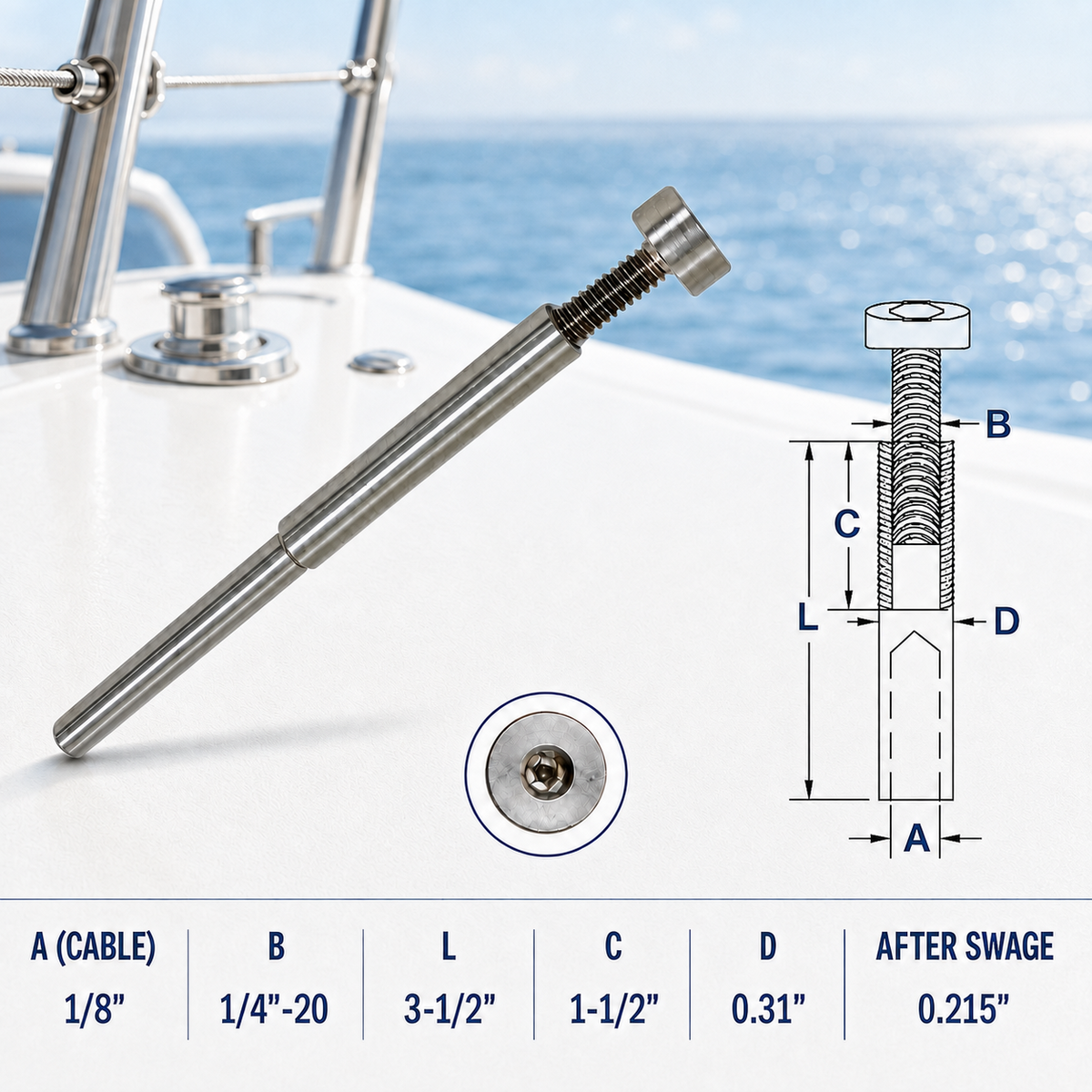 4 Pc Set Marine T316 Stainless Steel Adjustable Swage Stud, Cable Railing Wire Rope Terminal Fitting for Deck, Dock, and Rail Systems