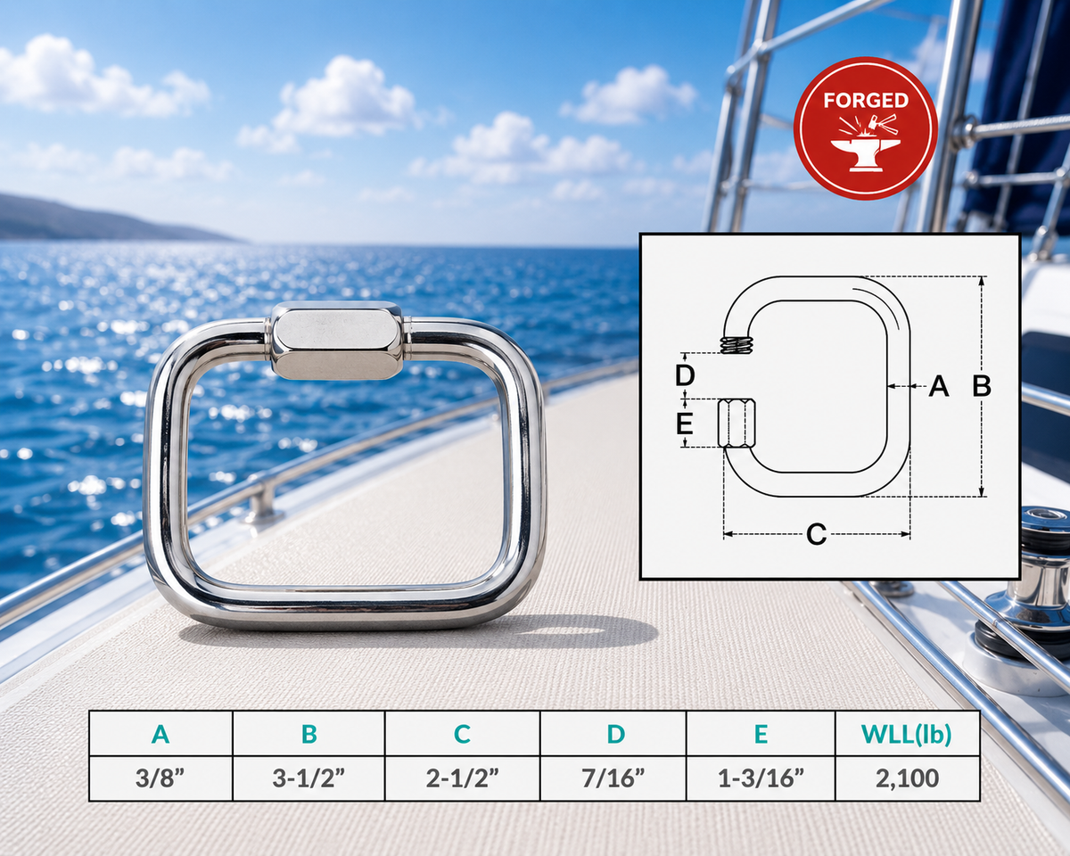 4 Pc Set Marine T316 Stainless Steel Square Quick Link, Locking Carabiner Connector for Chain, Rope, Cable, and Rigging