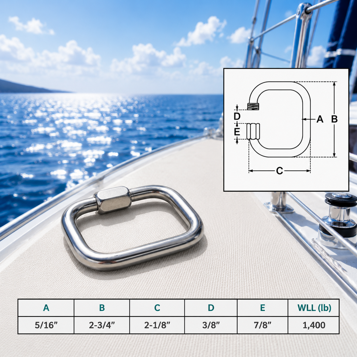 4 Pc Set Marine T316 Stainless Steel Square Quick Link, Locking Carabiner Connector for Chain, Rope, Cable, and Rigging