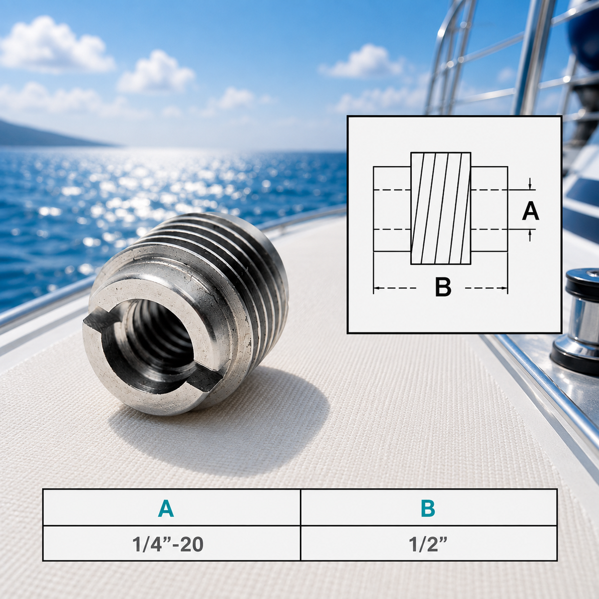 4 Pc Set Marine T303 Stainless Steel Threaded Lag Insert, Cable Rail Screw Insert for Deck Railing, Wire Cable, and Outdoor Hardware
