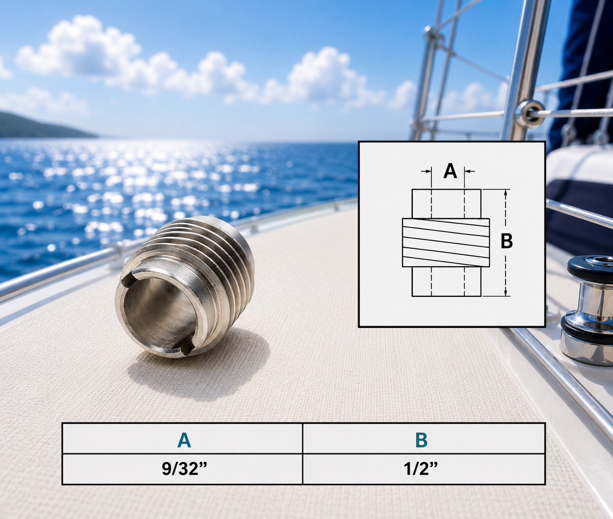4 Pc Set Marine T303 Stainless Steel Thread Plain Lag Insert, Cable Rail Screw Fitting for Deck, Dock, Railing, and Wire Rope Use