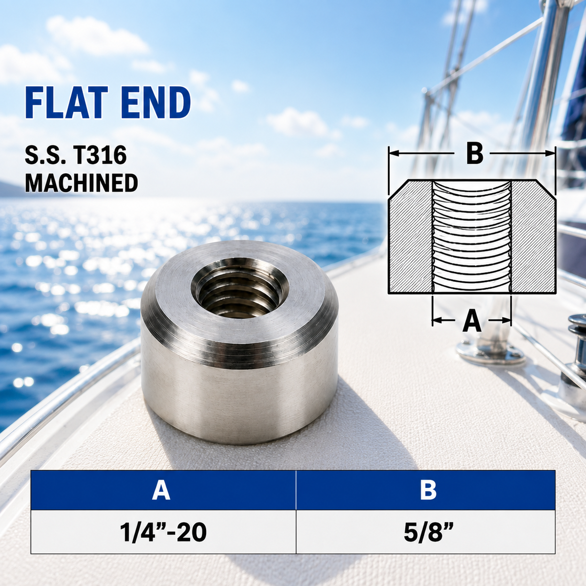 4 Pc Set Marine T316 Stainless Steel Thread Flat End Hardware Nut, Cable Railing and Rigging Fastener for Deck, Dock, and Outdoor Use