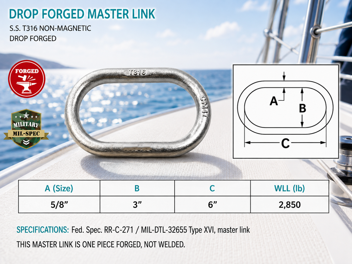 Marine T316 Stainless Steel Master Link, Drop Forged Non-Magnetic Rigging Connector for Chain, Rope, Cable, and Boat Hardware