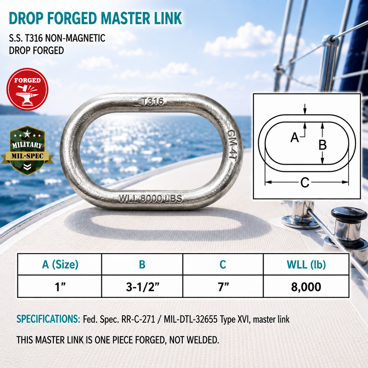 Marine T316 Stainless Steel Master Link, Drop Forged Non-Magnetic Rigging Connector for Chain, Rope, Cable, and Boat Hardware