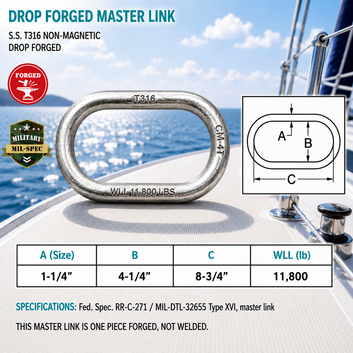 Marine T316 Stainless Steel Master Link, Drop Forged Non-Magnetic Rigging Connector for Chain, Rope, Cable, and Boat Hardware
