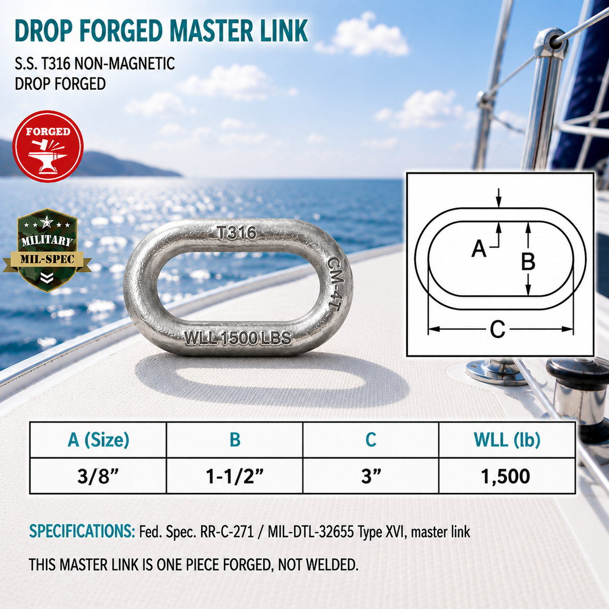 Marine T316 Stainless Steel Master Link, Drop Forged Non-Magnetic Rigging Connector for Chain, Rope, Cable, and Boat Hardware