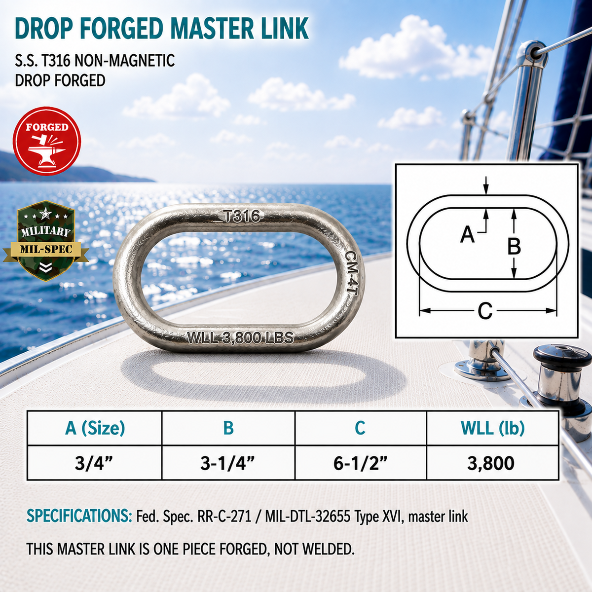 Marine T316 Stainless Steel Master Link, Drop Forged Non-Magnetic Rigging Connector for Chain, Rope, Cable, and Boat Hardware