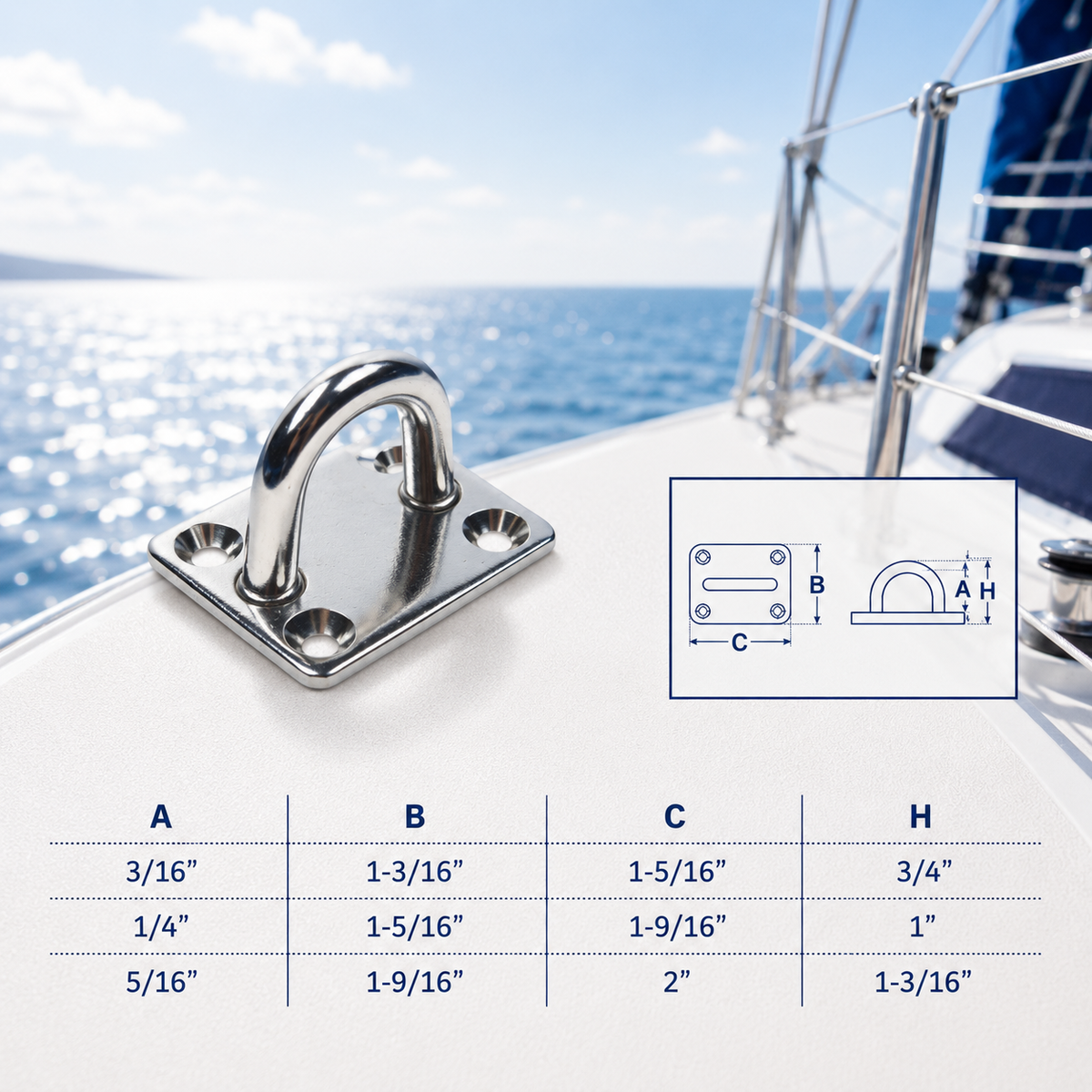 4 Pc Set Marine T316 Stainless Steel Square Eye Pad, Rigging Lift Rope Wire Deck Hardware for Boat, Dock, and Outdoor Use