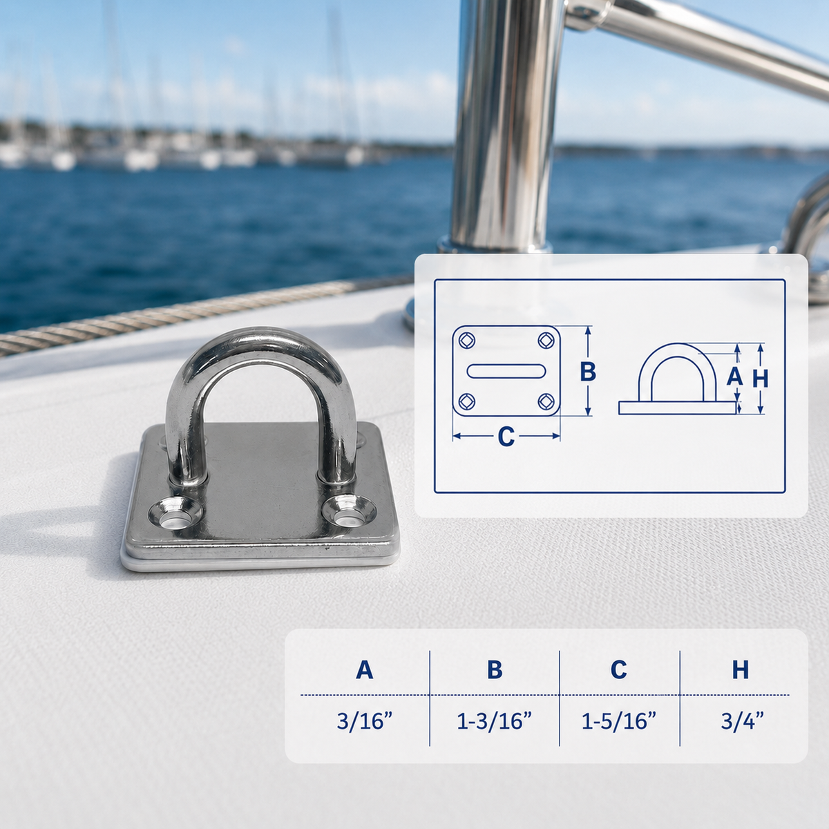 4 Pc Set Marine T316 Stainless Steel Square Eye Pad, Rigging Lift Rope Wire Deck Hardware for Boat, Dock, and Outdoor Use