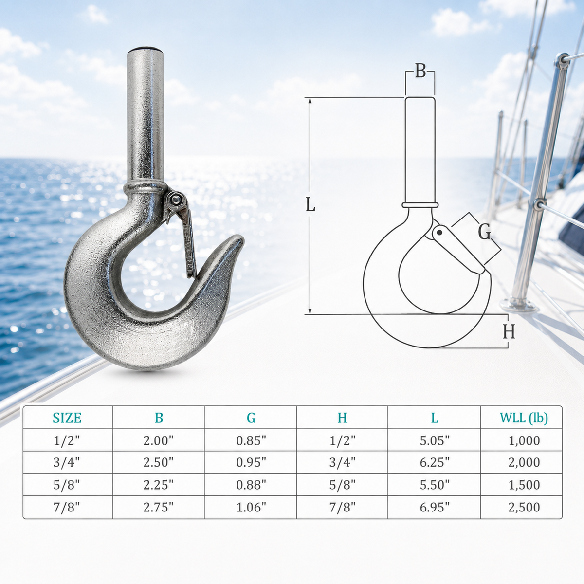 4 Pc Set Marine T316 Stainless Steel Shank Hook, Drop Forged Rigging Hook for Chain, Cable, Rope, Boat, Dock